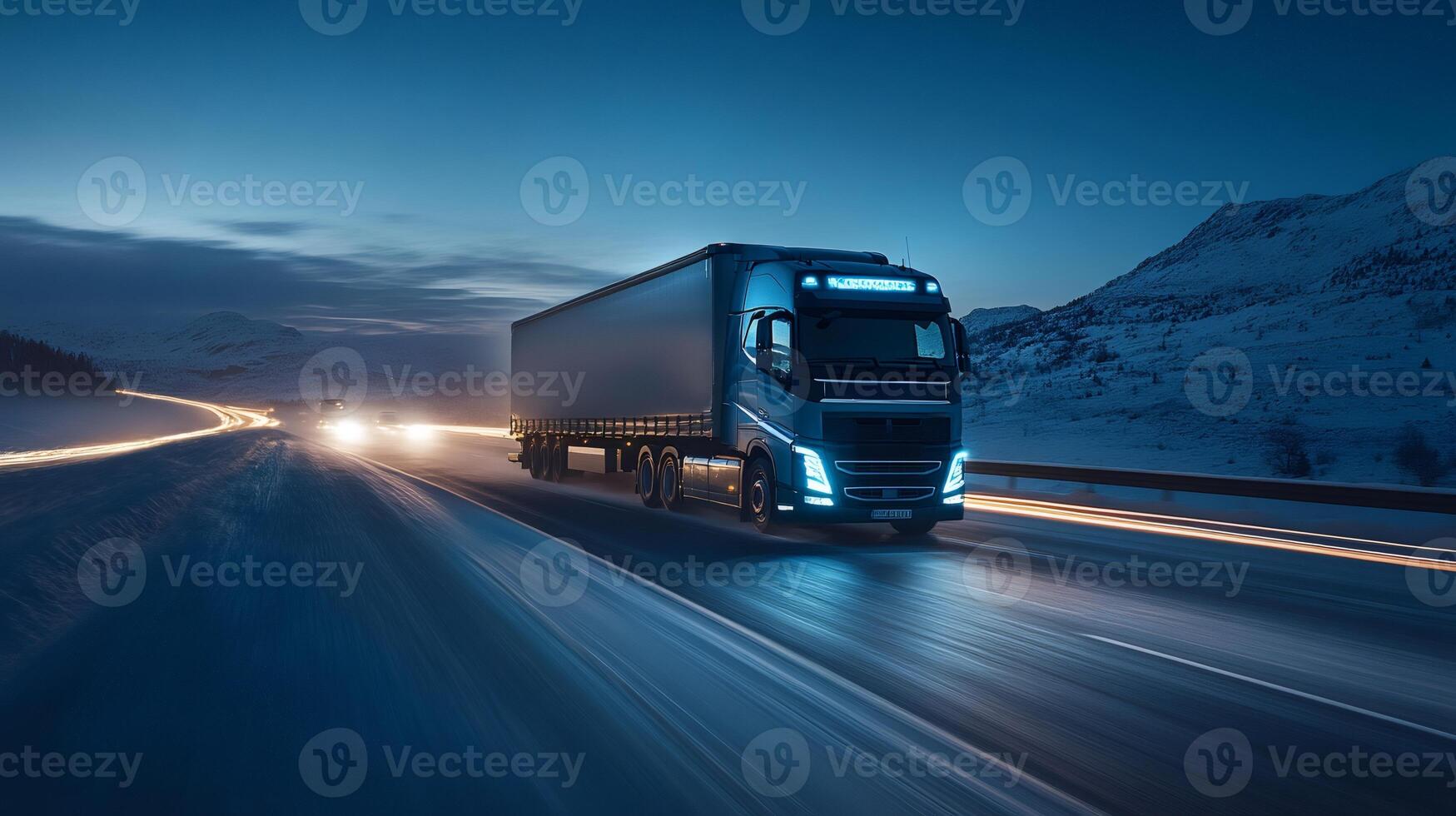 Truck driving on a snowy highway at night photo