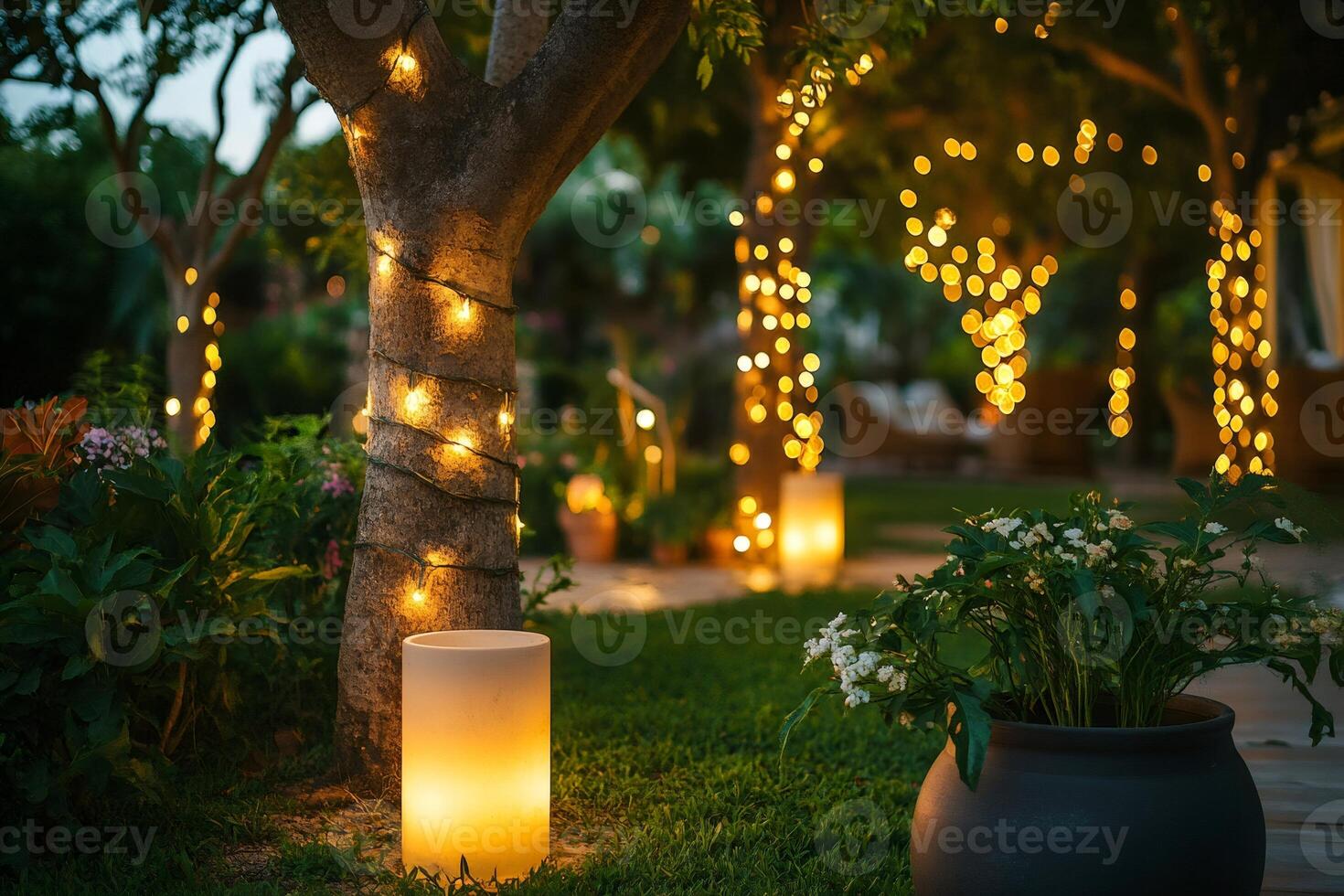 Garden lights creating a magical evening ambiance with string lights and candles photo