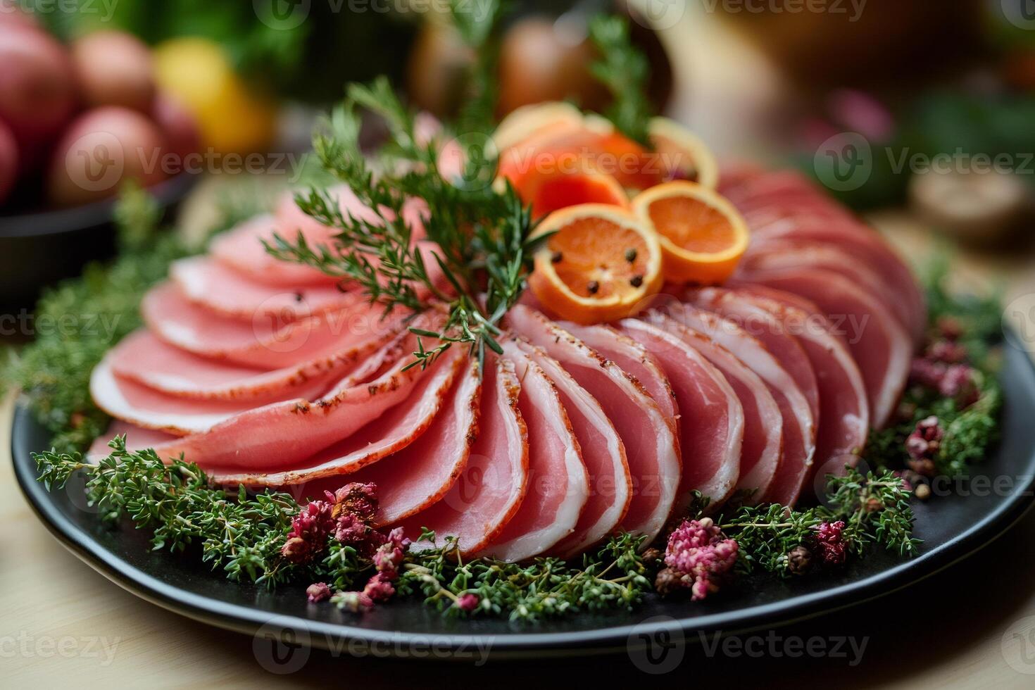 Sliced ham decorated with herbs and orange slices on a festive table photo