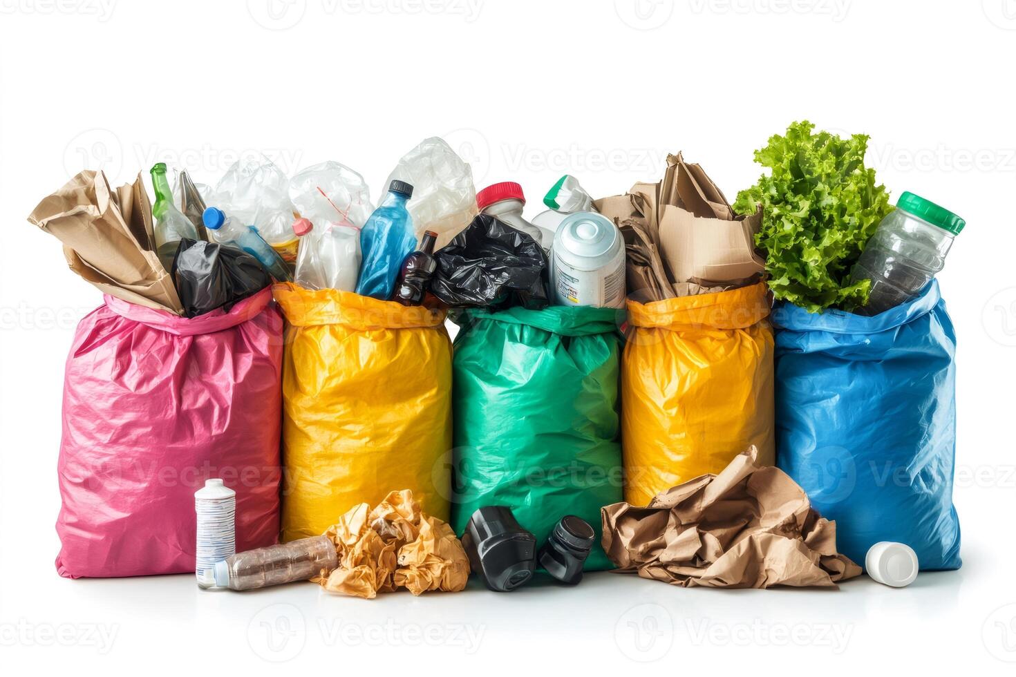 Trash bags overflowing with sorted garbage demonstrating recycling concept photo