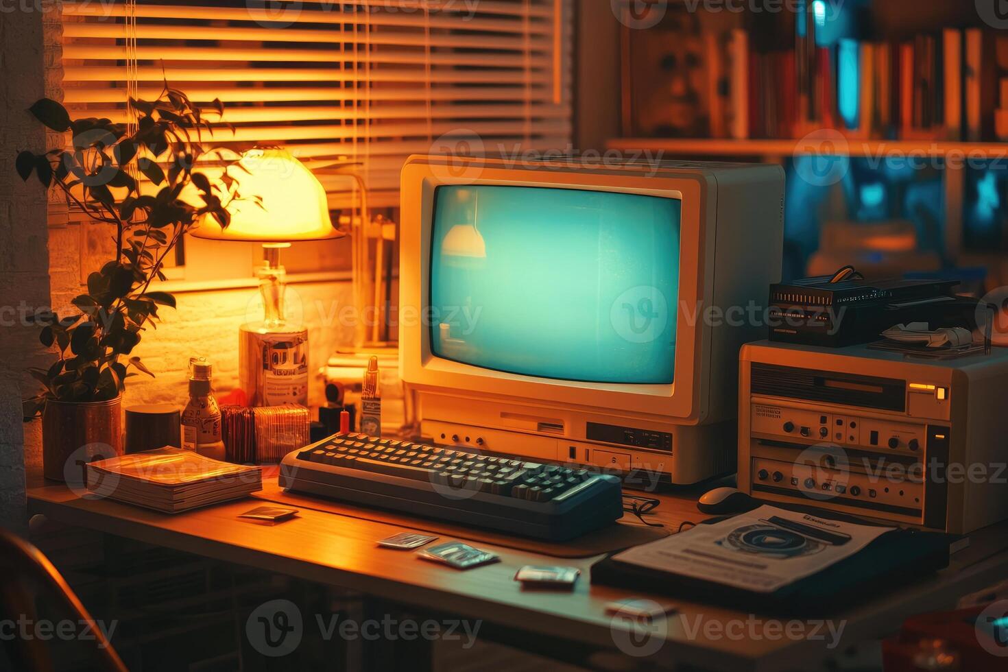 Vintage personal computer displaying solid teal screen in warmly lit room photo