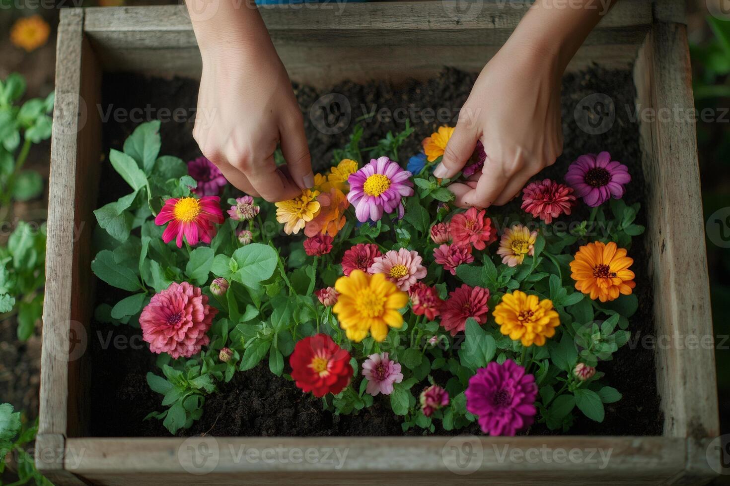 Gardener planting colorful flowers in wooden planter box photo