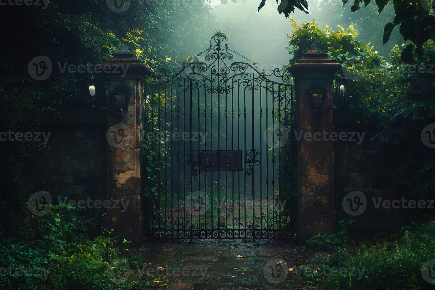 Old wrought iron gate leading to mysterious forest path photo