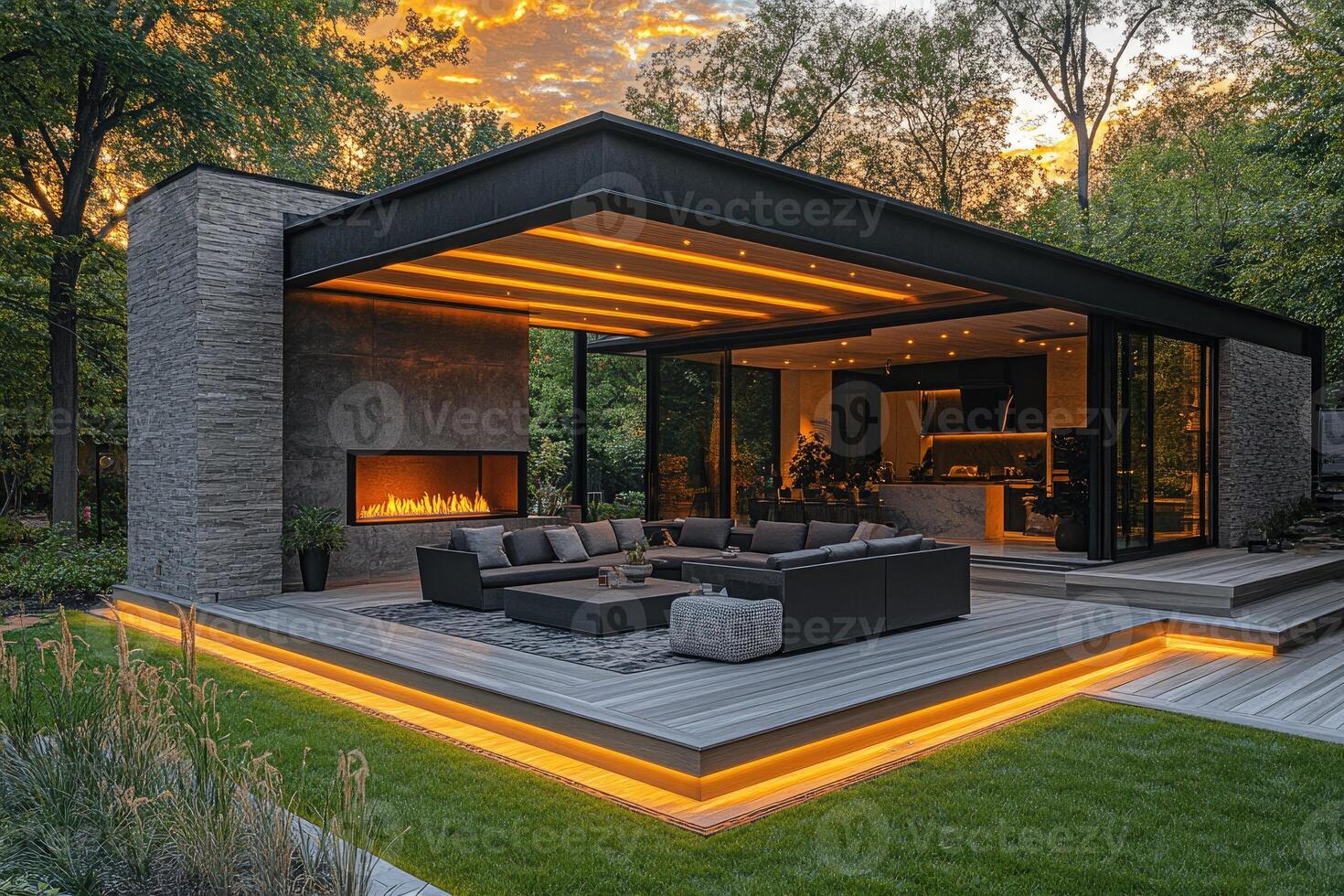 Modern backyard patio with fireplace and cozy seating illuminating. photo