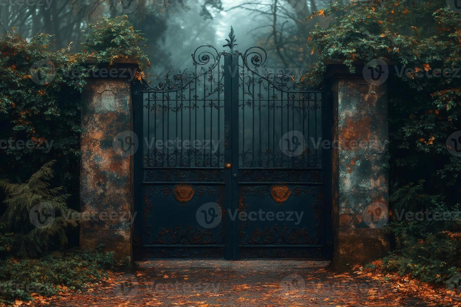 Old ornate metal gate protecting lush green garden on foggy day photo