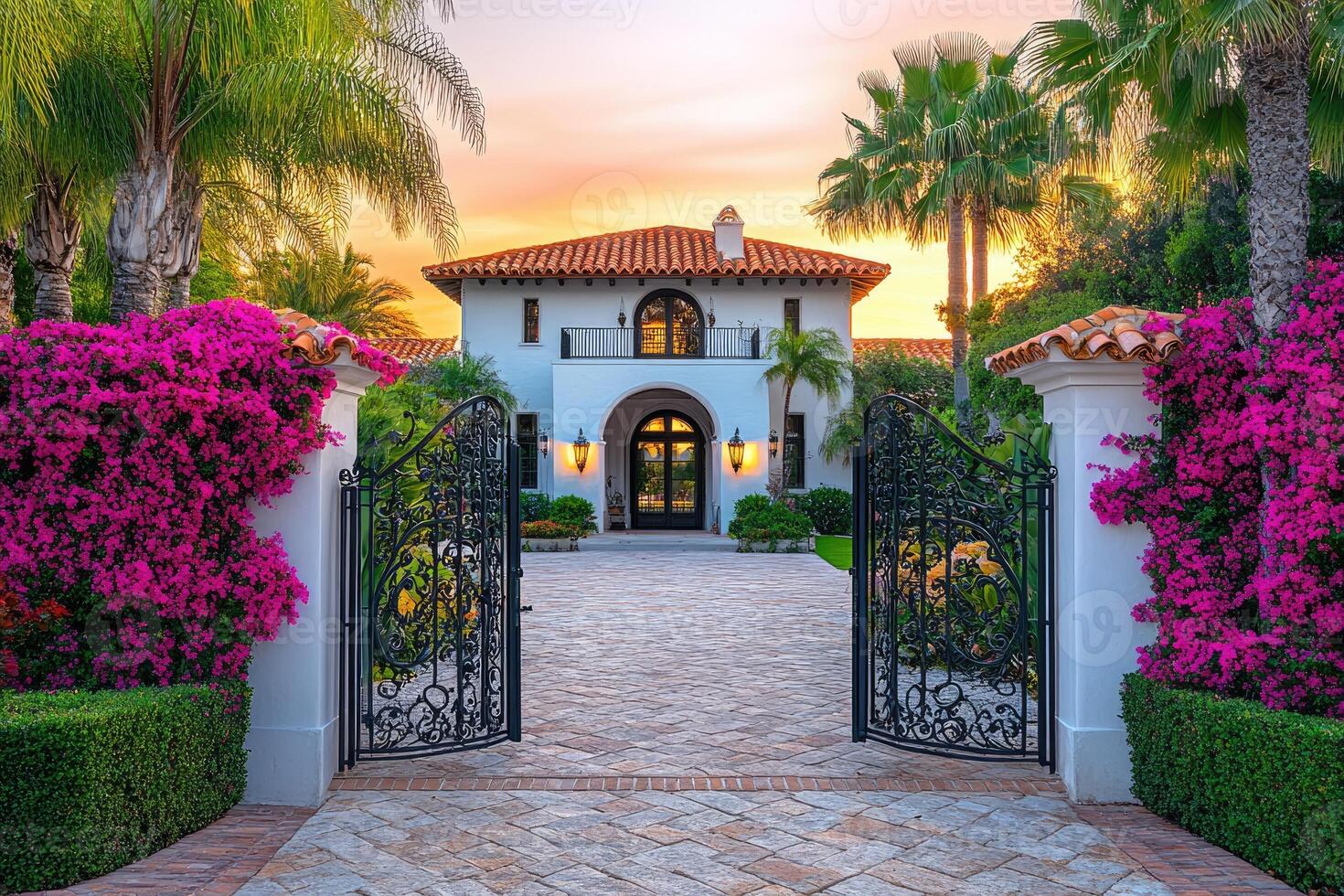 Luxurious villa with vibrant garden entrance.. photo