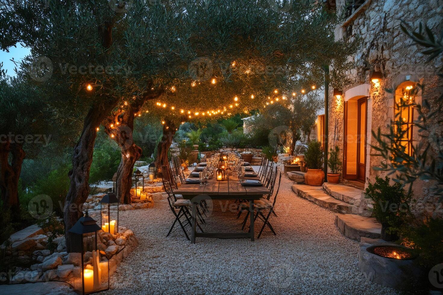 Outdoor dinner table set under olive trees with string lights and lanterns photo