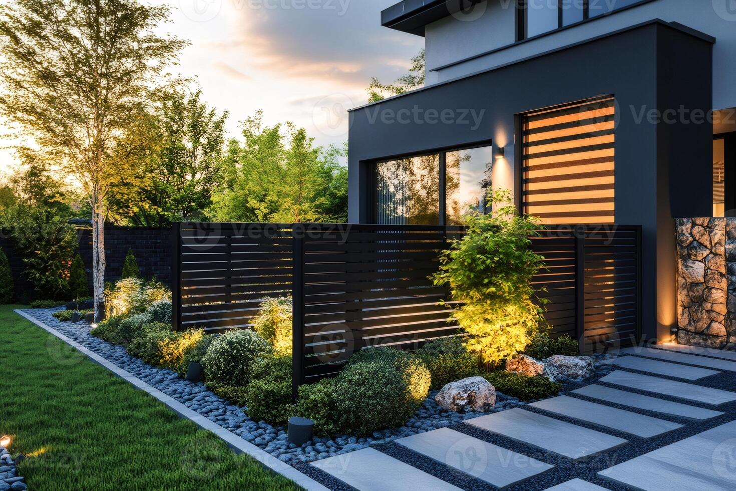 Modern house with illuminated garden and black fence at sunset photo