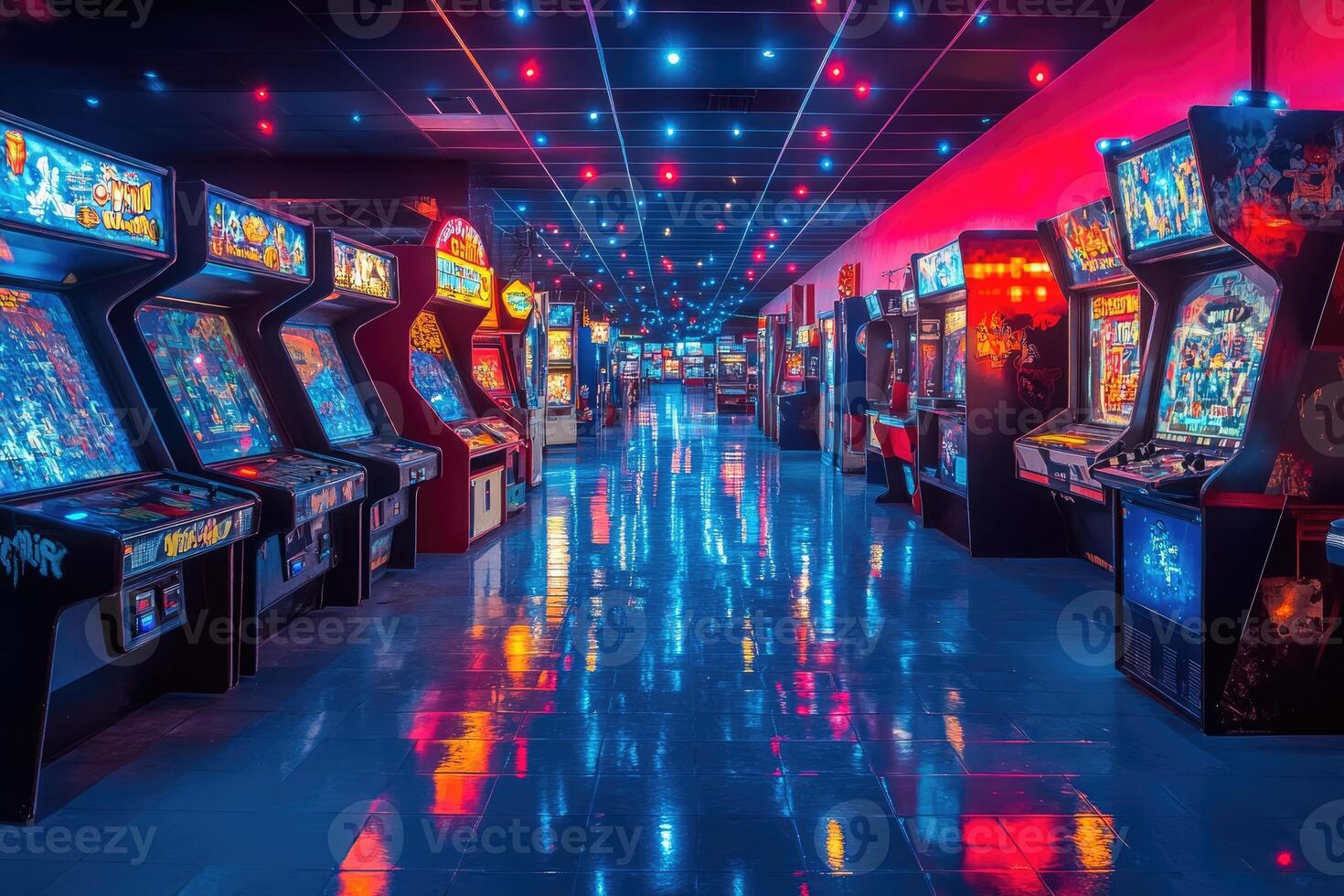 Arcade games shining in empty amusement arcade at night photo