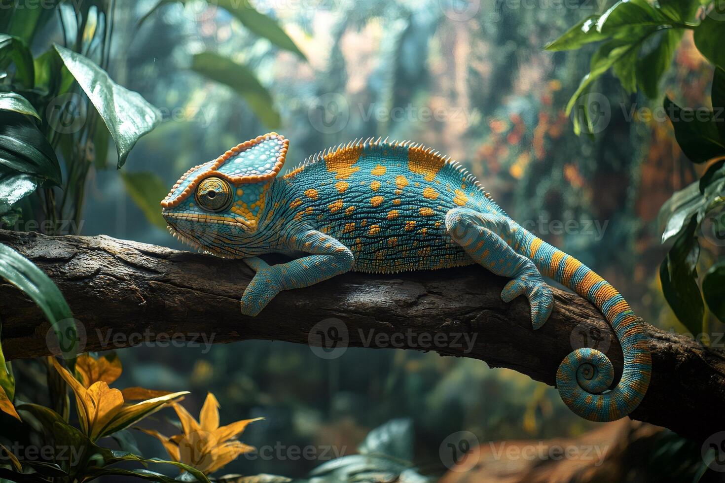 Veiled chameleon resting on branch in lush tropical rainforest photo