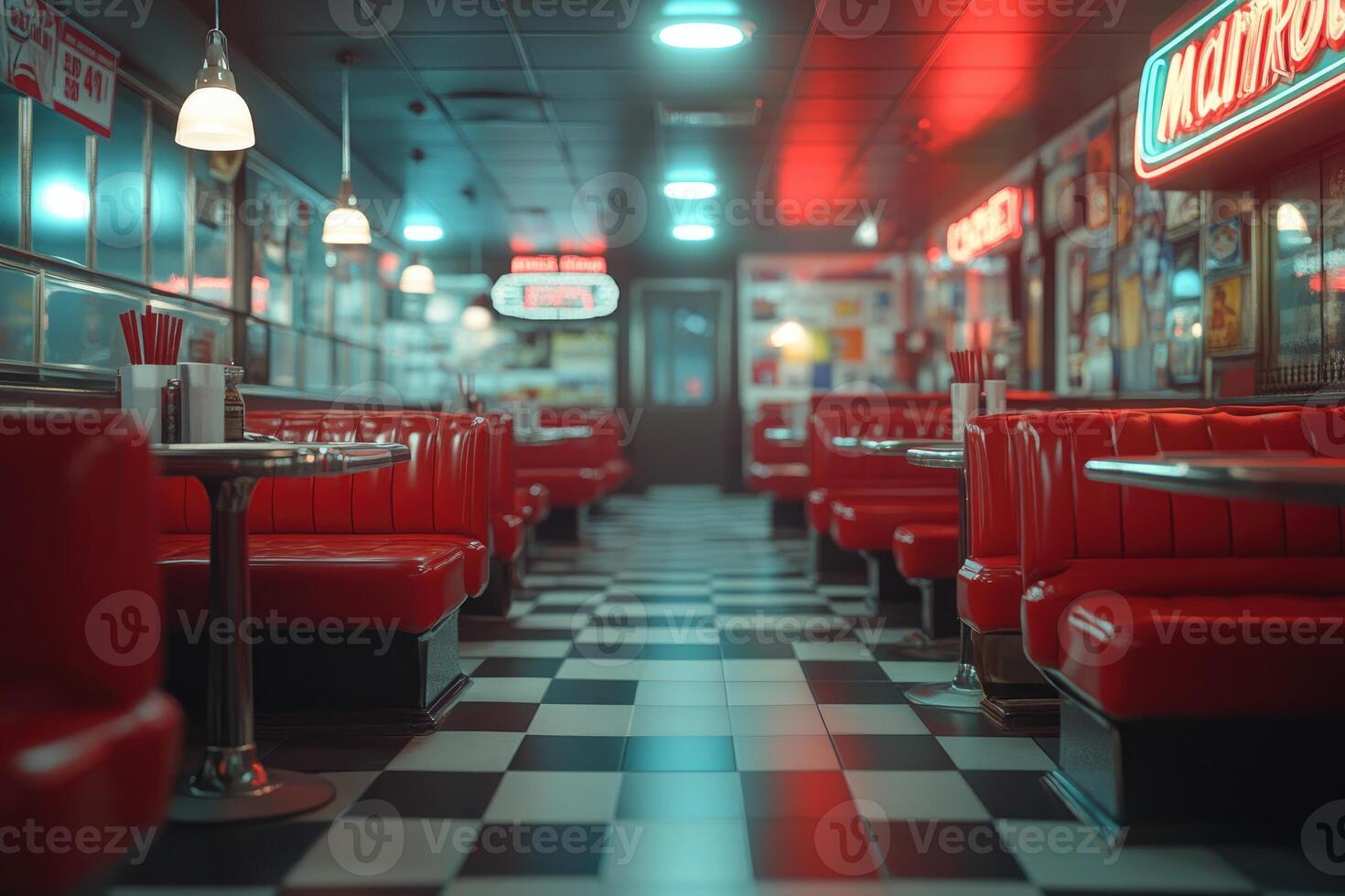 Empty retro american diner booths and checkered floor photo