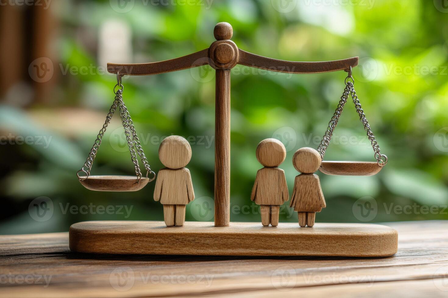 Wooden family figures and empty scale balancing on a table, child custody and justice concept photo
