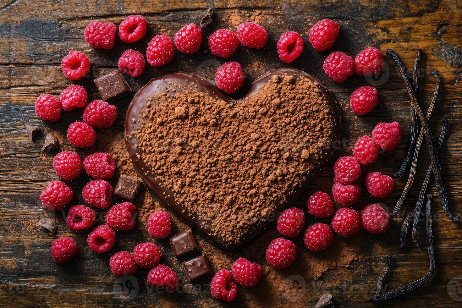 Heart shaped chocolate cake with raspberries, cocoa powder, and vanilla pods on rustic wooden table photo