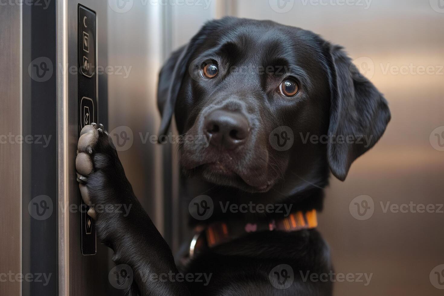 Black labrador retriever pushing elevator button with paw photo