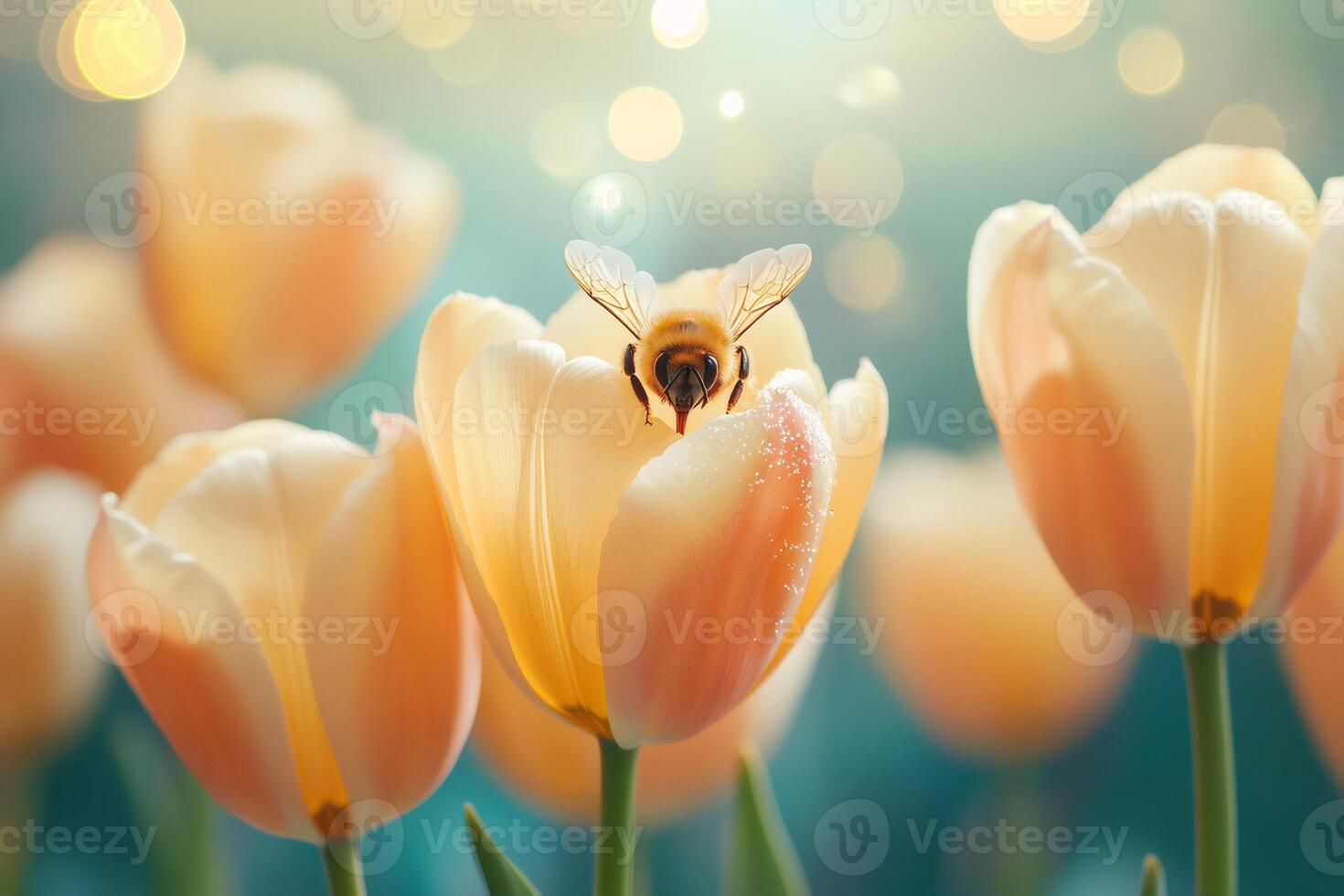 Bee pollinating peach tulip flower in spring garden with blurred background photo