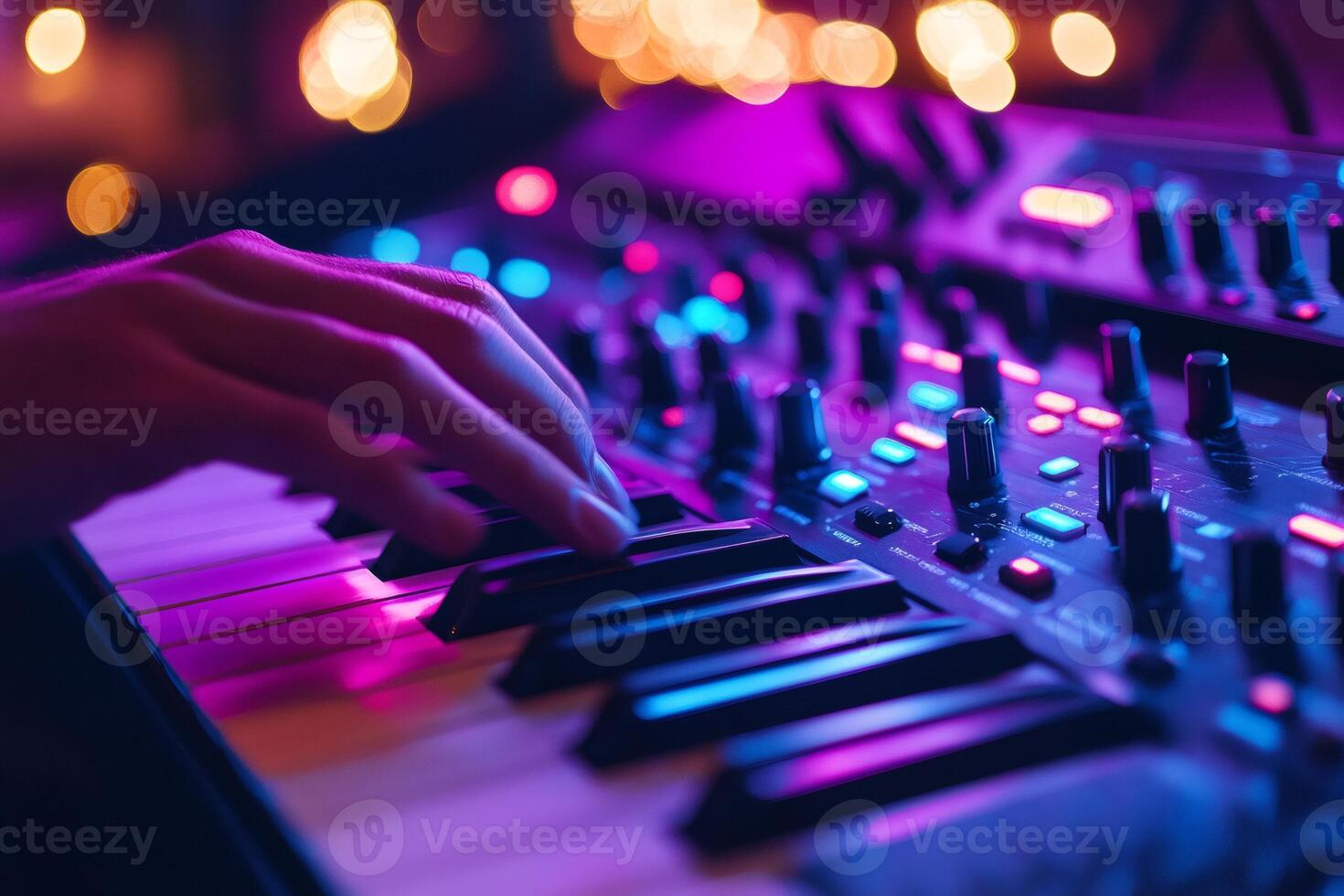 Musician playing synthesizer keyboard in live concert with neon lights photo