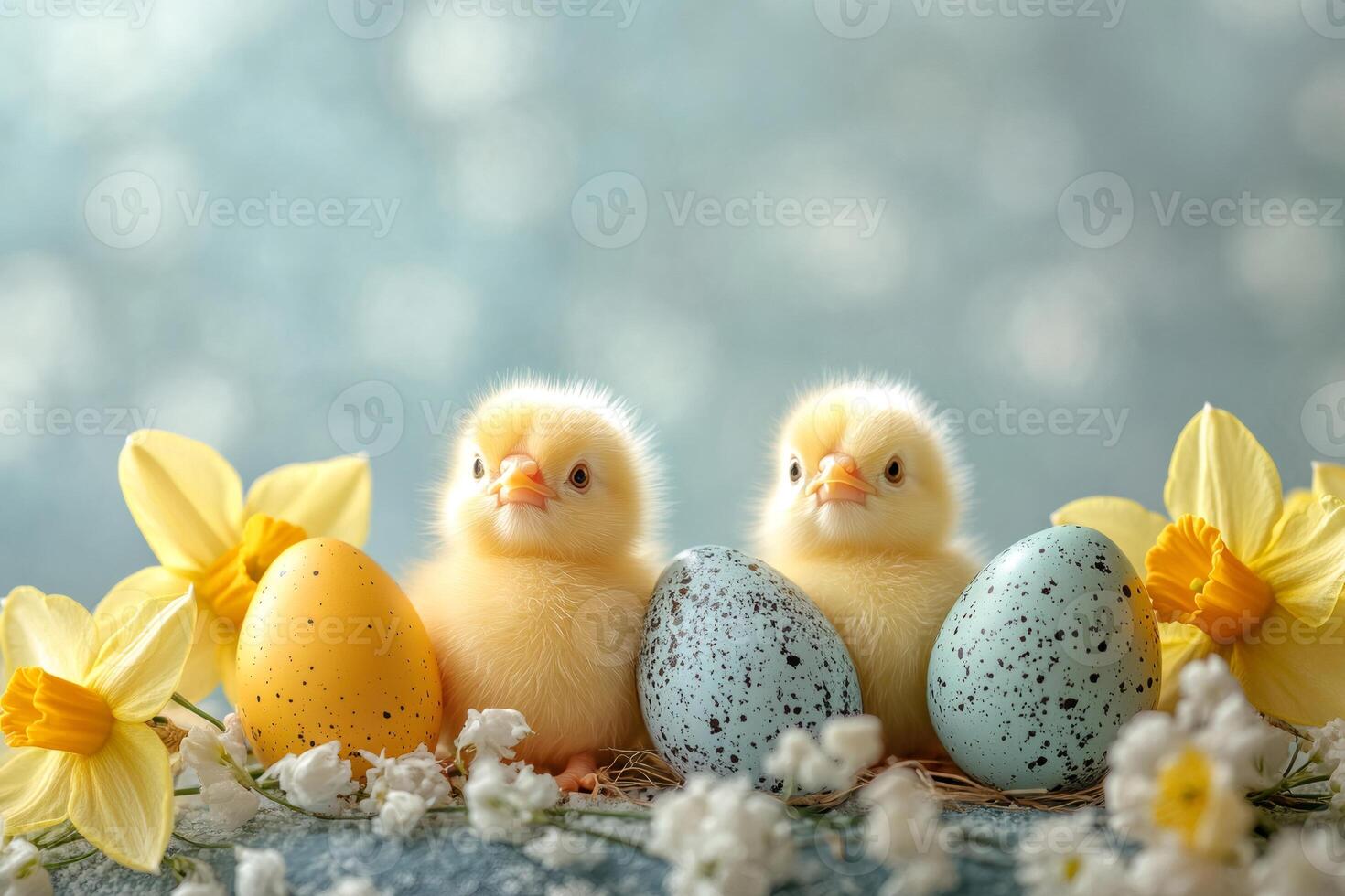 Two cute baby chickens sitting between easter eggs and daffodils photo