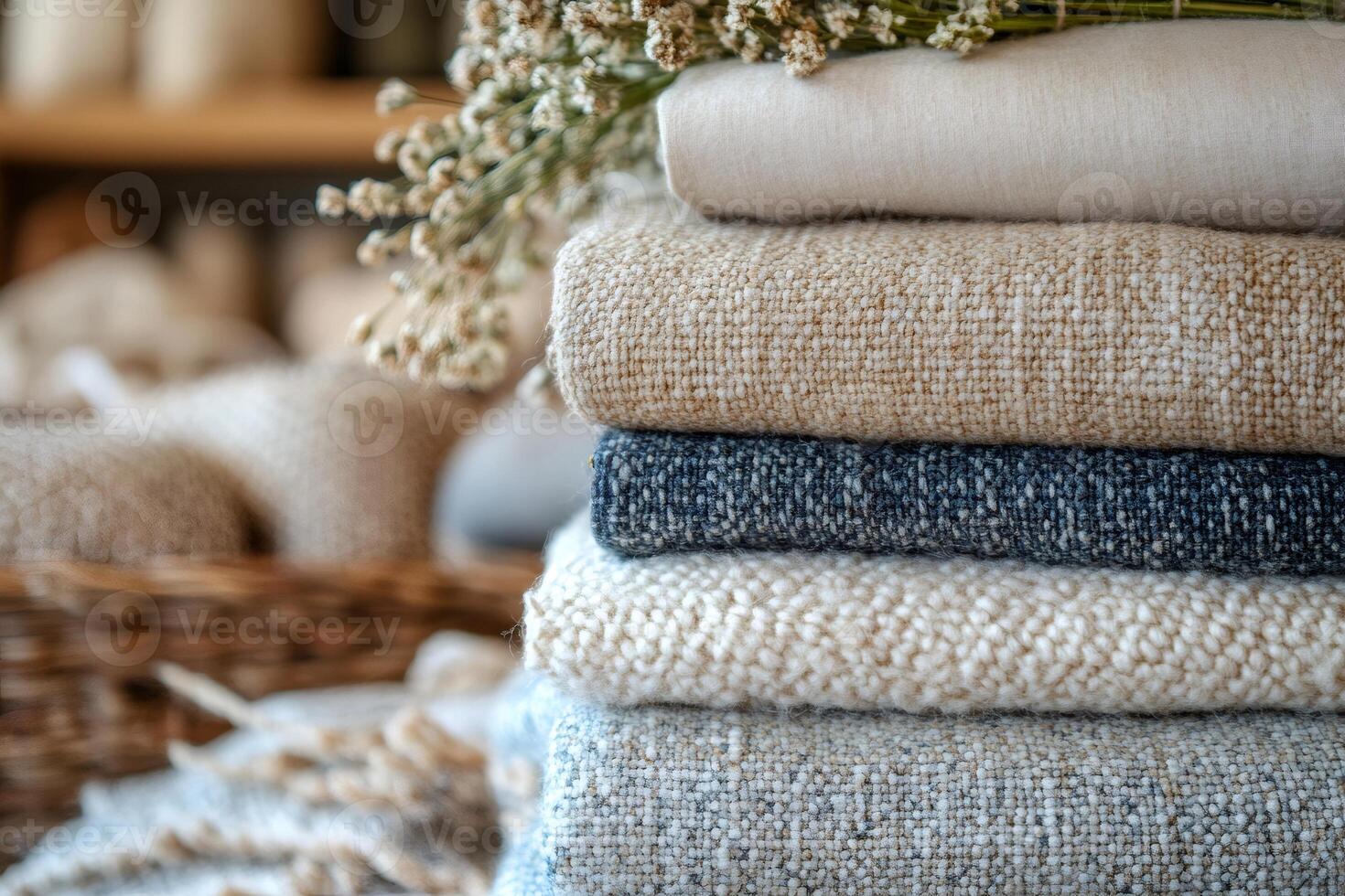 Stack of neutral colored woven blankets with dried flowers photo