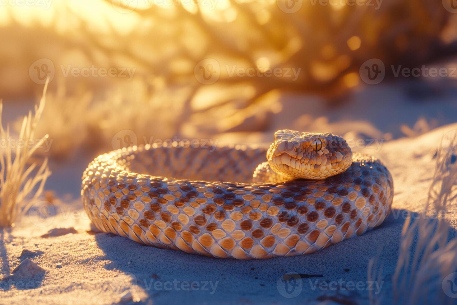Coiled rattlesnake basking in desert sunlight photo