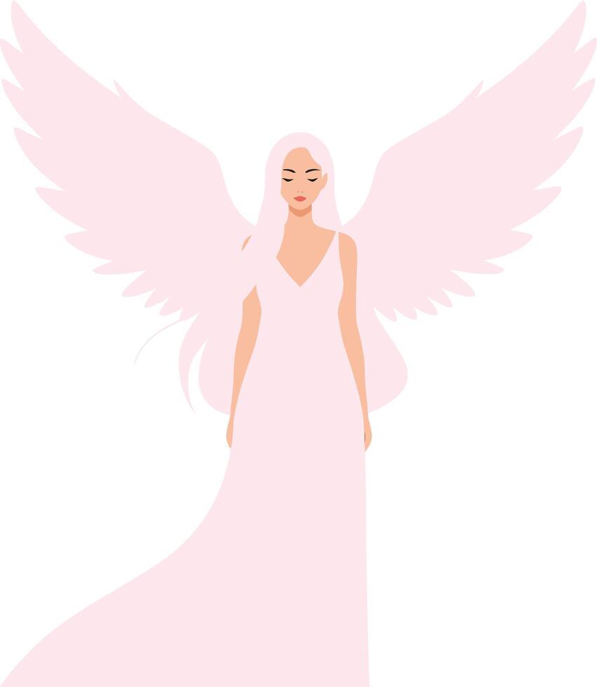 Ethereal angel with soft pink wings and flowing gown in minimal flat design art vector