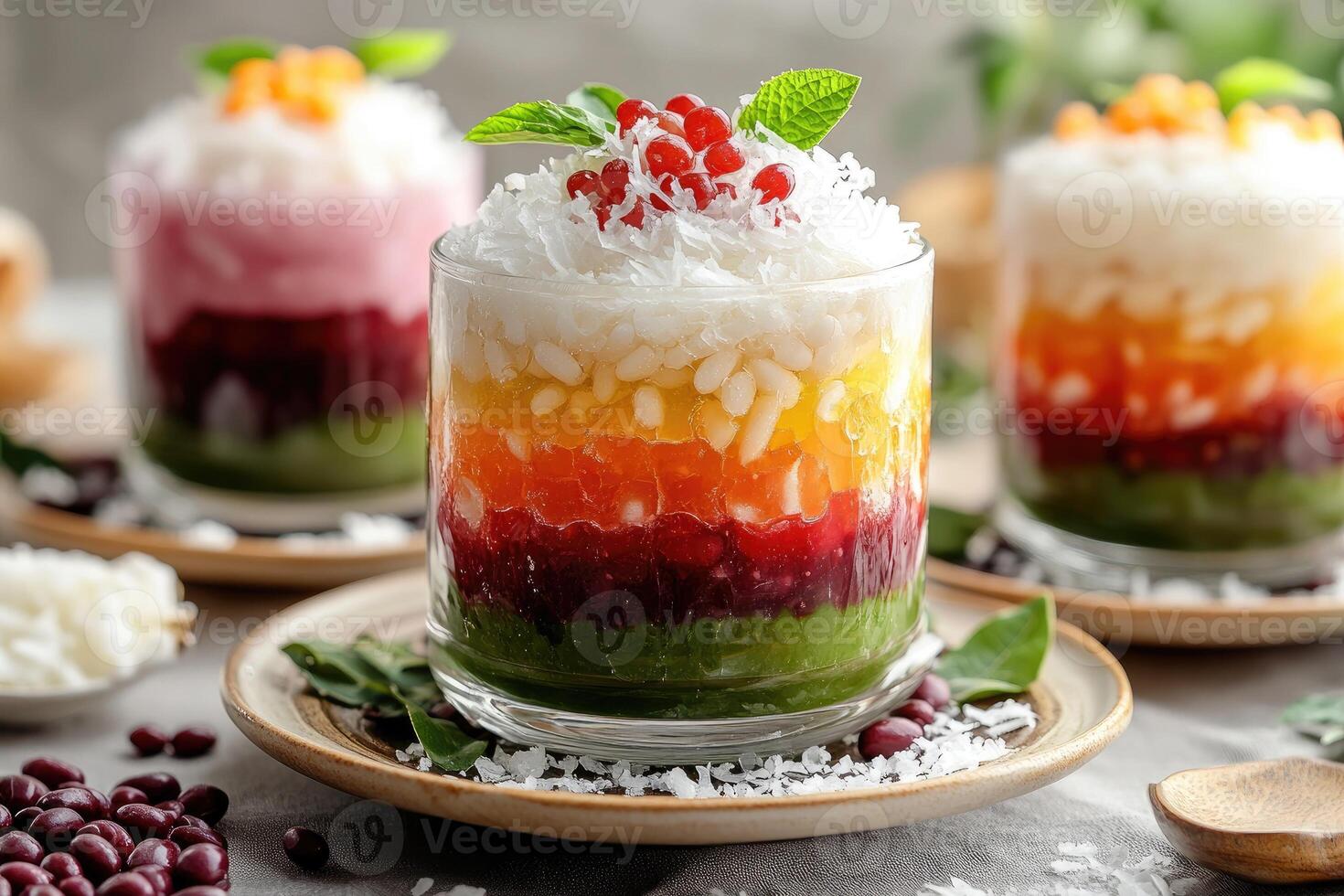 Colorful layered dessert with grated coconut and redcurrant topping photo