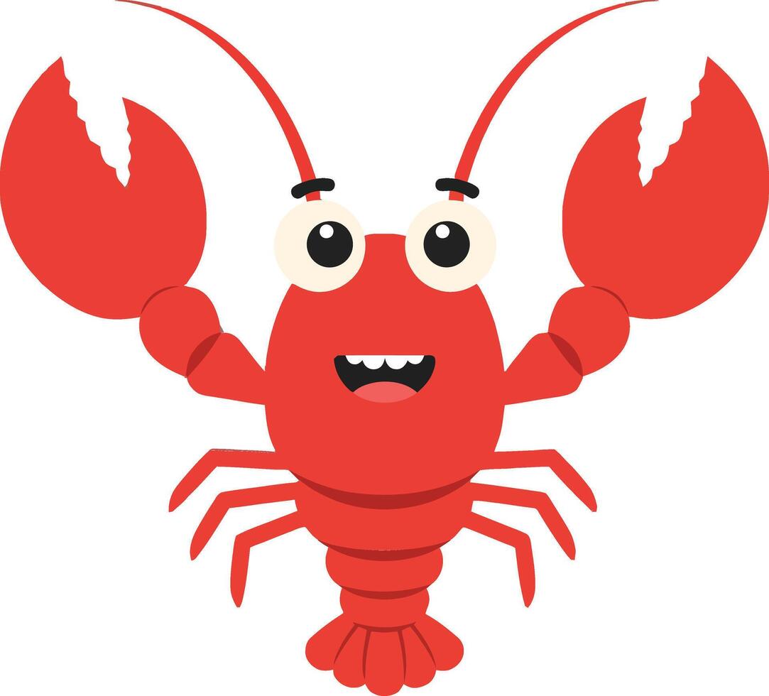 Cheerful red lobster character with large claws and expressive eyes in a flat illustration style, showcasing a playful and friendly mood in underwater surroundings art vector
