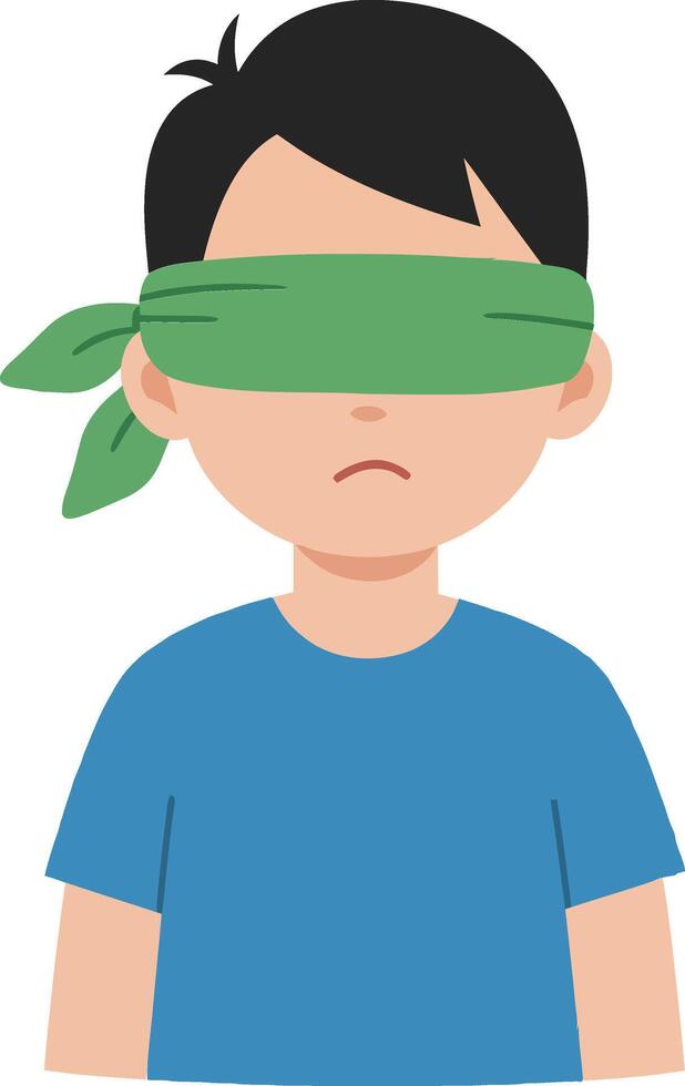 A boy with a green blindfold standing with a neutral expression in a minimal flat design style illustration vector
