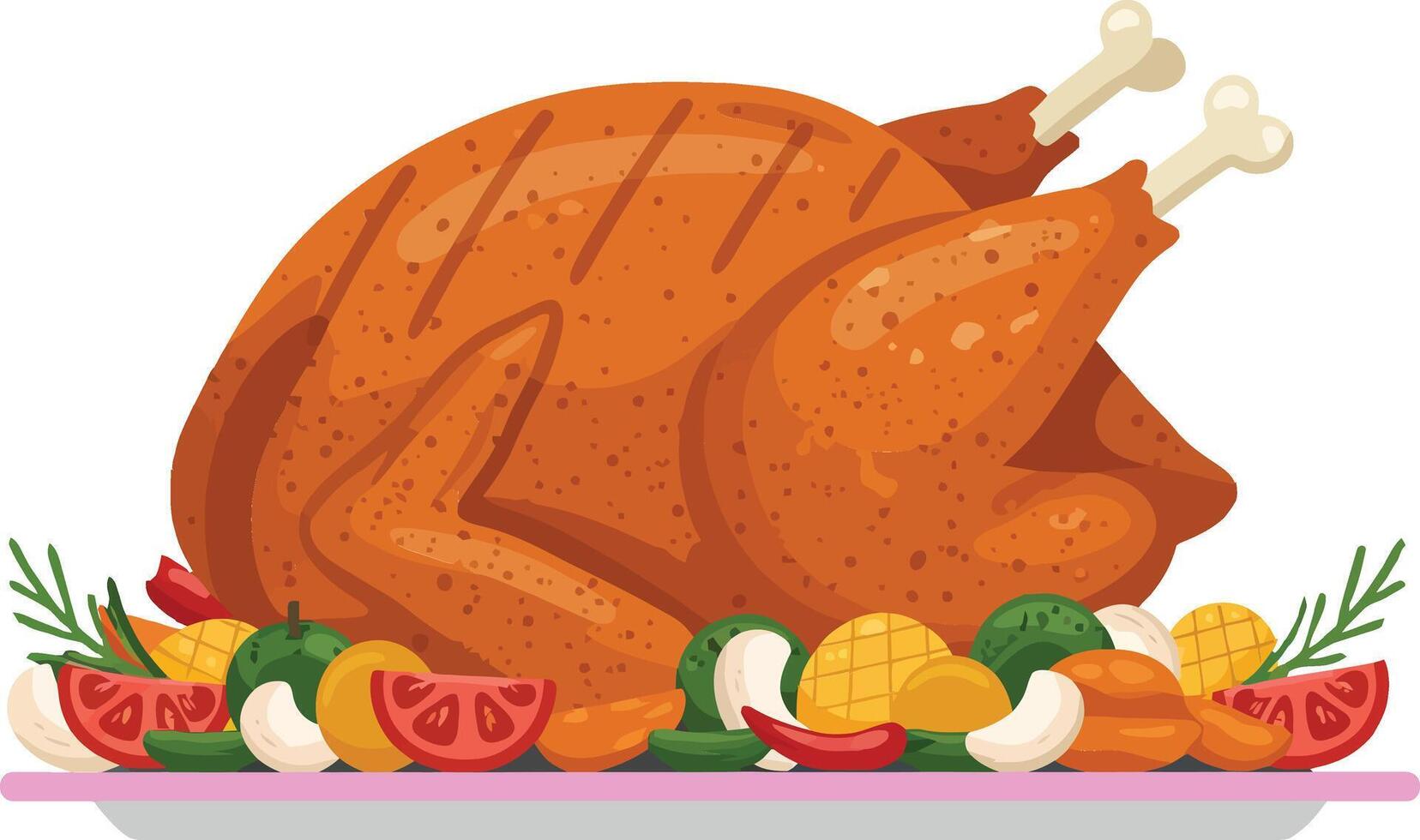 A beautifully roasted turkey surrounded by vibrant vegetables and garnishes in a minimal flat design art vector