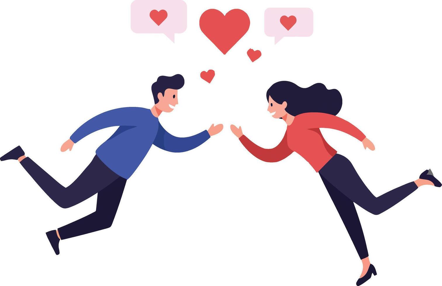 Two joyful individuals reaching out towards each other in a playful manner, surrounded by heart symbols and speech bubbles in a flat illustration vector