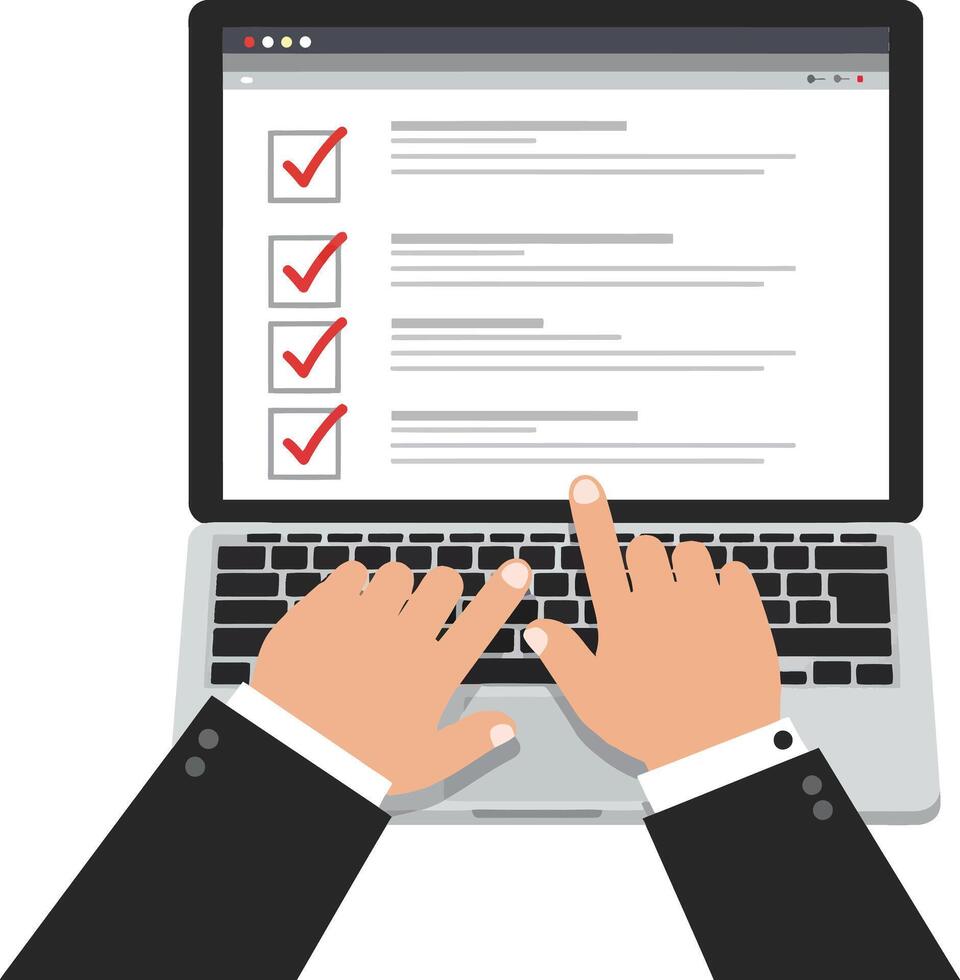 Hands typing on a laptop with a checklist displayed on the screen in a minimal flat design illustration vector