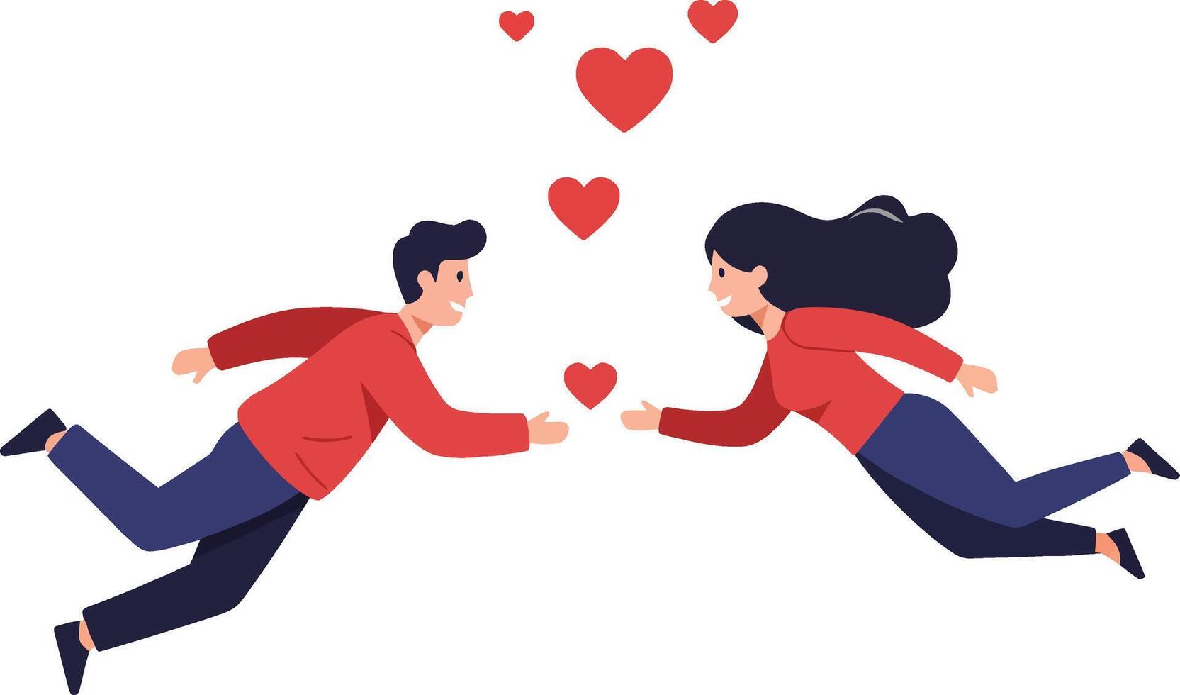 Two people in red outfits joyfully reaching towards each other with flying hearts in a playful flat illustration vector