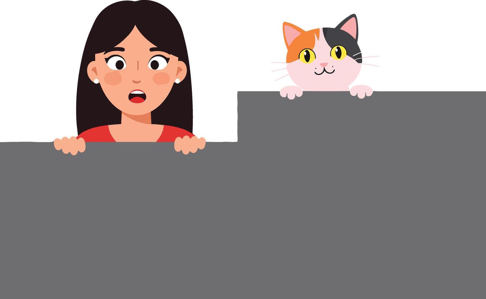 A surprised young girl and a curious cat peeking over a grey wall in a flat illustration style depicting a playful moment and a lighthearted atmosphere vector