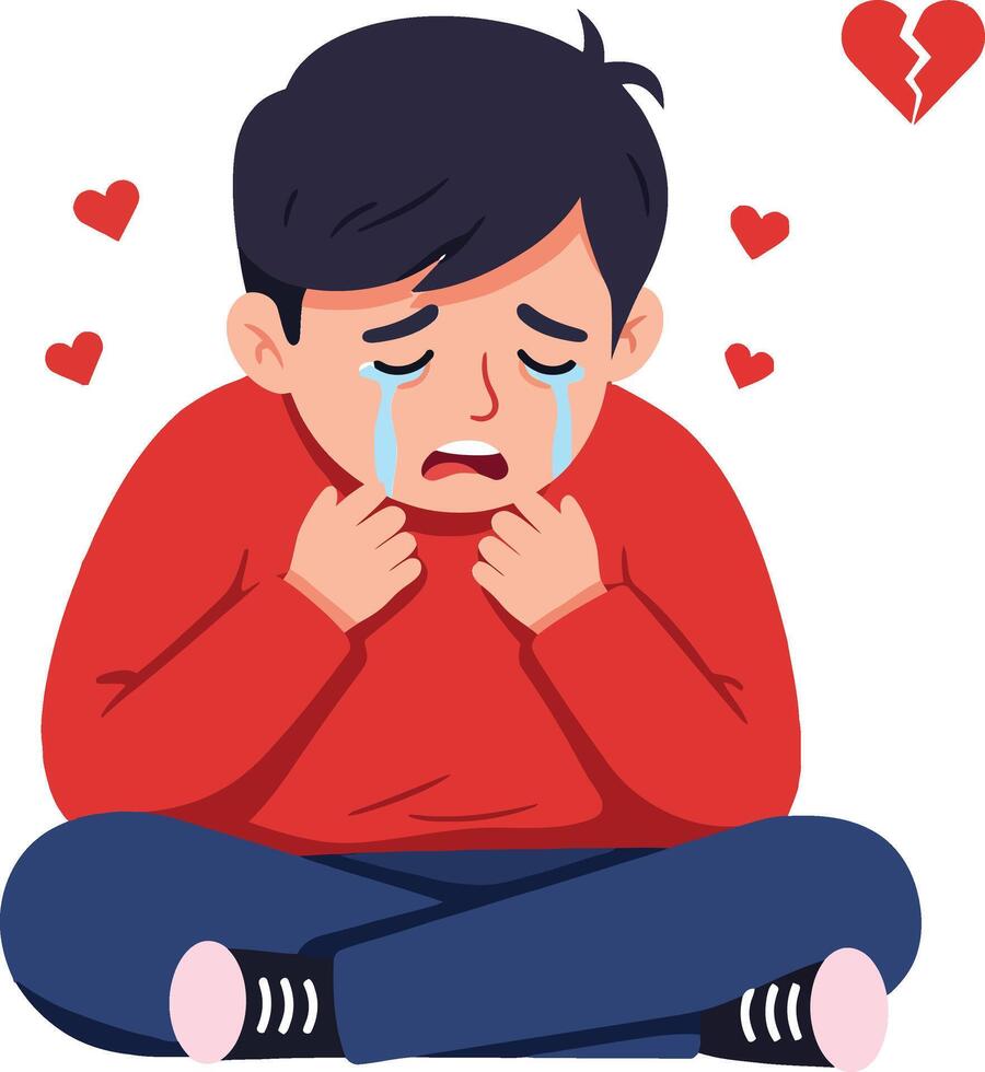A young boy sitting on the floor with tears in his eyes, expressing sadness in a minimal and colorful illustration vector