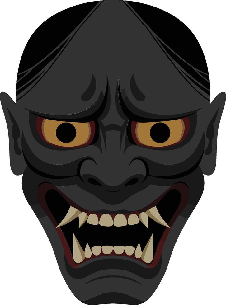 Detailed illustration of a fierce black demon mask with sharp fangs and glaring eyes in a flat design art vector