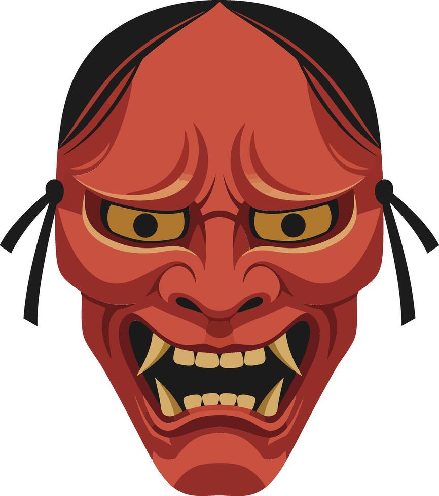 Traditional Japanese Oni mask design with bold colors and defined features in a flat art style showcasing fierce expression and cultural significance vector