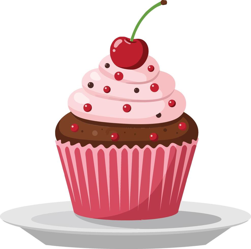 Delicious cupcake with pink frosting and cherry on top, presented on a white plate in a flat illustration vector