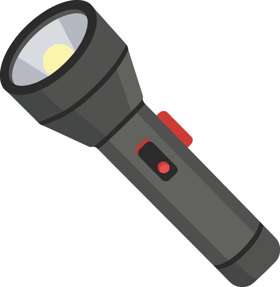 A detailed illustration of a sleek black flashlight with a bright yellow light and red button, showcasing minimalistic design and functionality in art vector