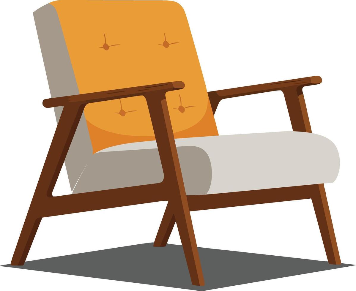 Cozy mid-century modern armchair with orange cushion and wooden frame in flat design style art vector