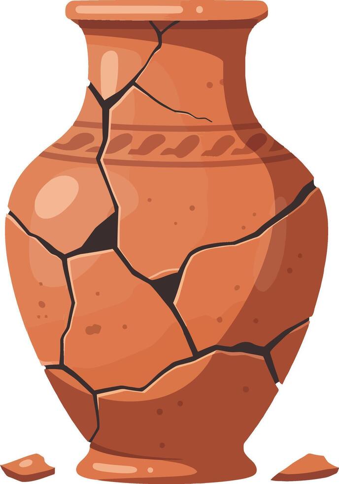 A cracked terracotta vase with intricate patterns showcasing a flat design style in warm tones, highlighted as stunning art vector
