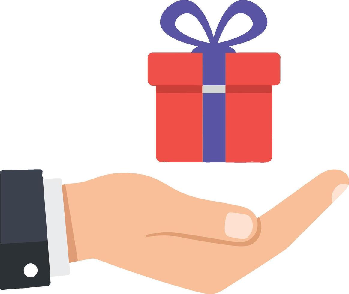 Hand presenting a red gift box with a blue ribbon in a minimal flat design illustration vector