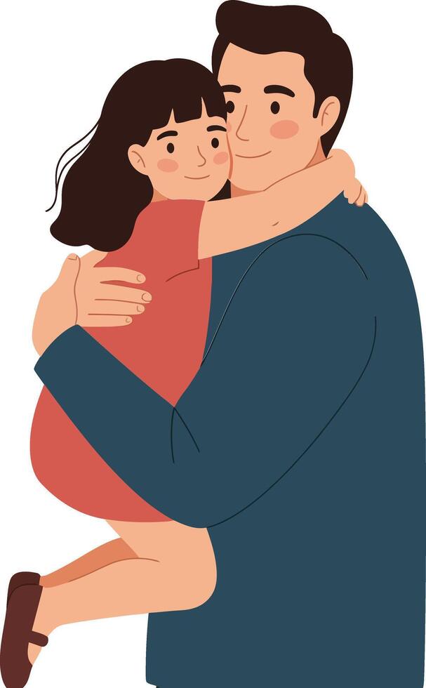 A father lovingly holding his smiling daughter in a warm embrace, showcasing a minimal design style in vibrant colors, illustration vector
