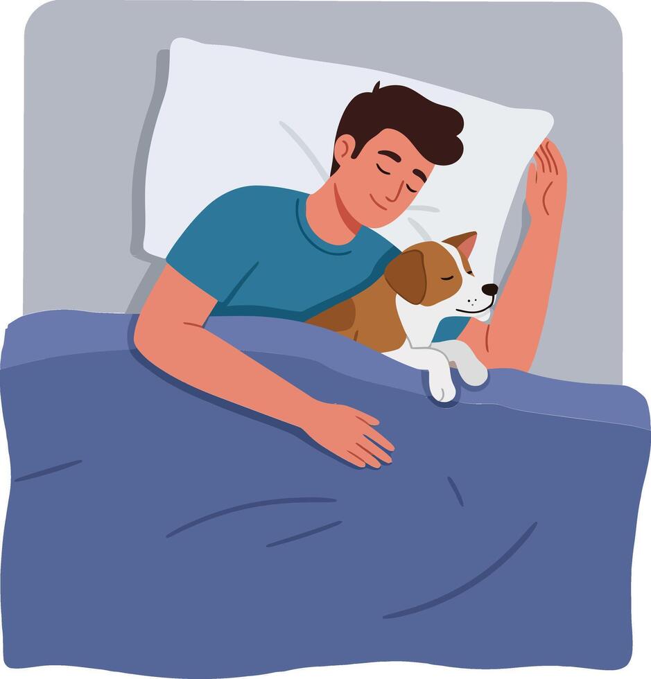 A peaceful scene of a man sleeping soundly in bed with a dog, flat illustration capturing warmth and companionship vector