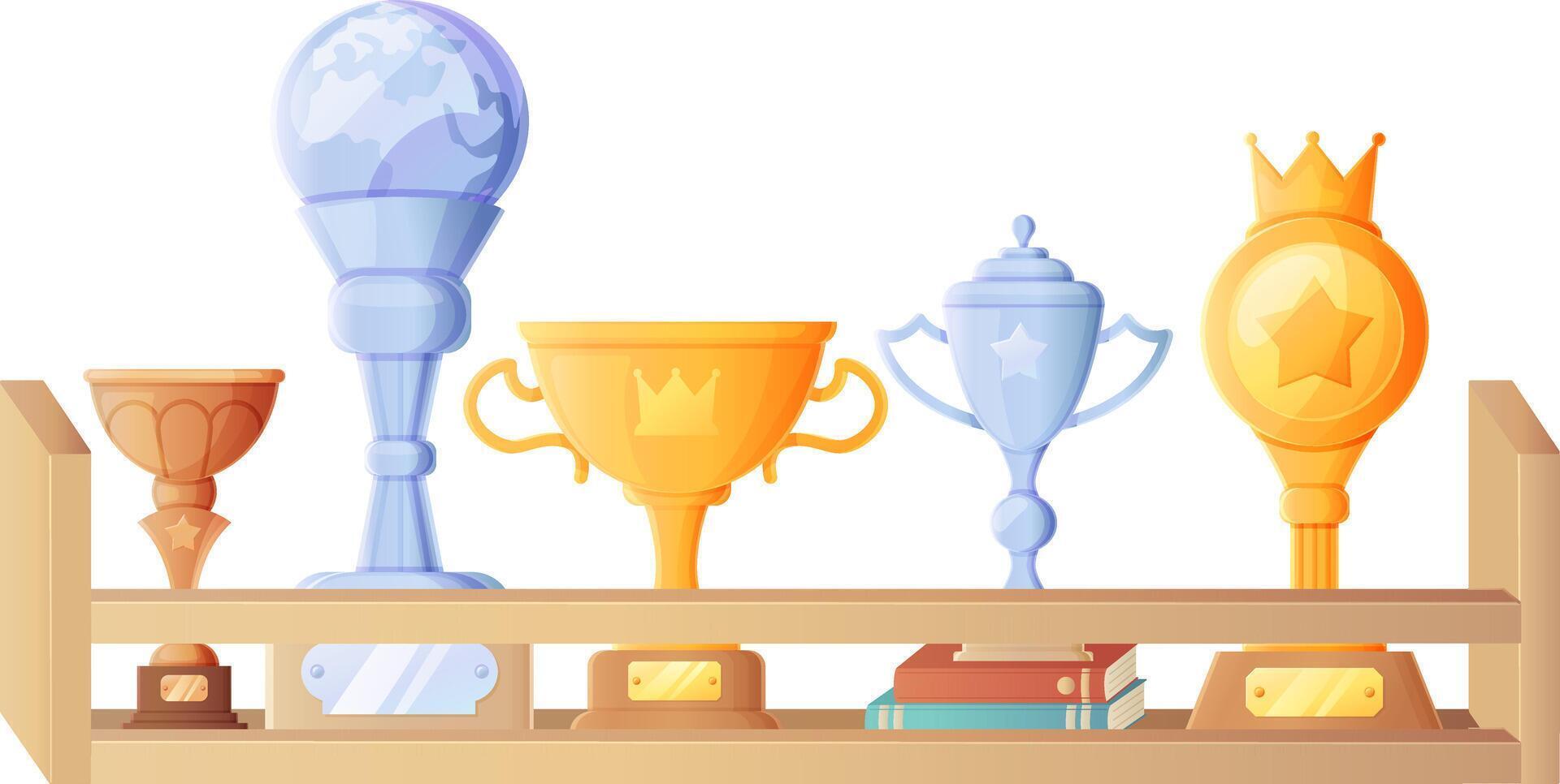 Display shelf showcasing gold, silver, and bronze trophies with unique designs. vector