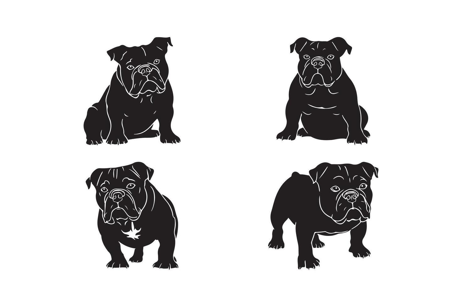 Black and White Bulldog Silhouette Illustration Set vector