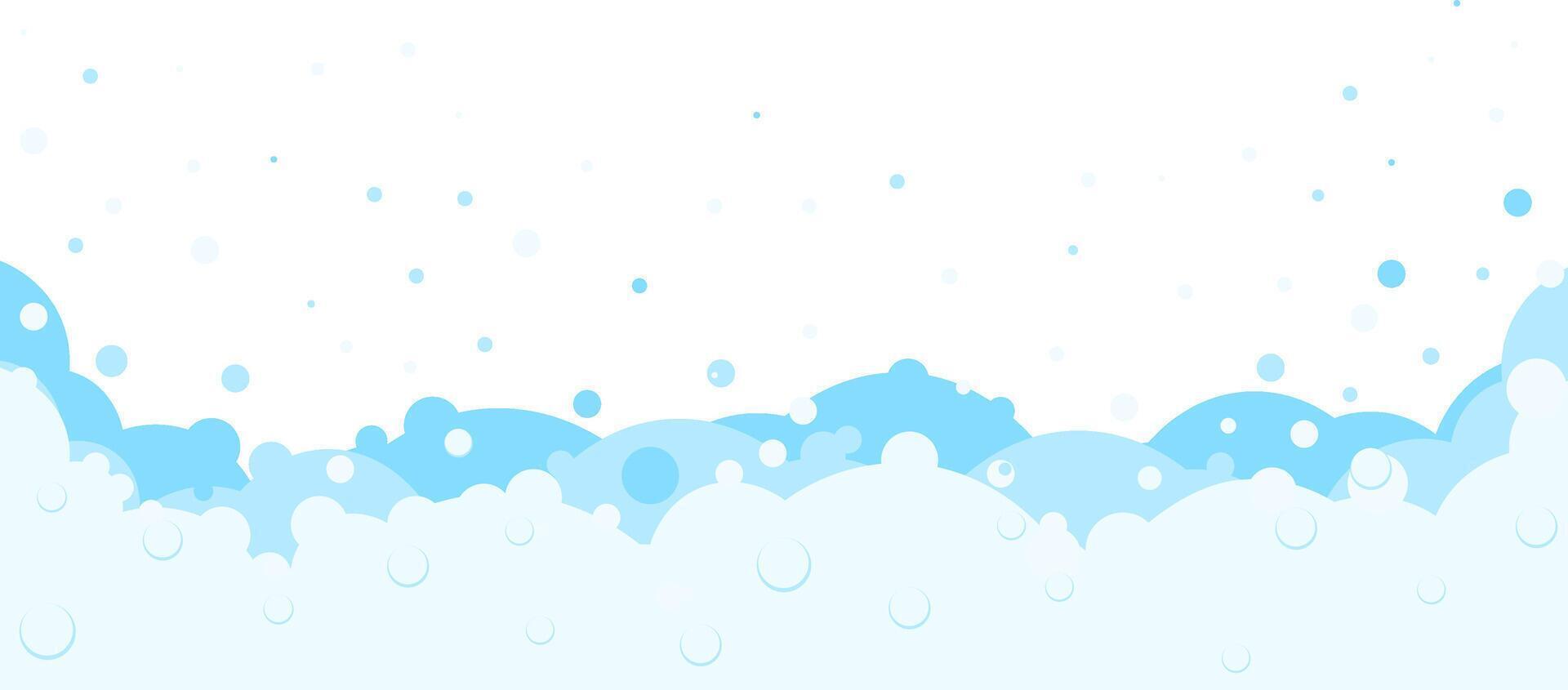 Foam bubbles frame. Cartoon bubbles shampoo, bubble bath Soap border. Blue flat bubbles.Cleaning and washing products . background vector