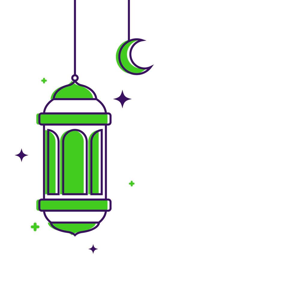 Green Islamic hanging lantern on white copy space background. Outline Islamic lantern background with hanging crescent moon vector