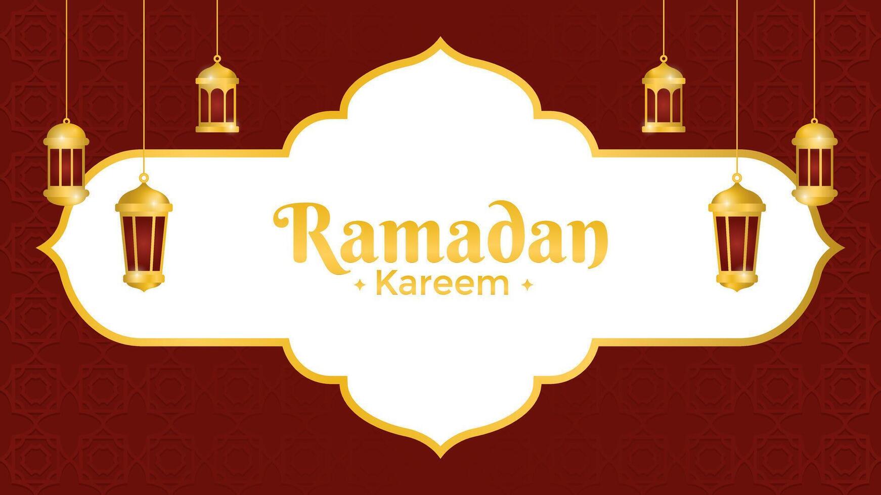 Red horizontal Ramadan Kareem greeting with shinny Islamic lantern. Islamic copy space template background vector
