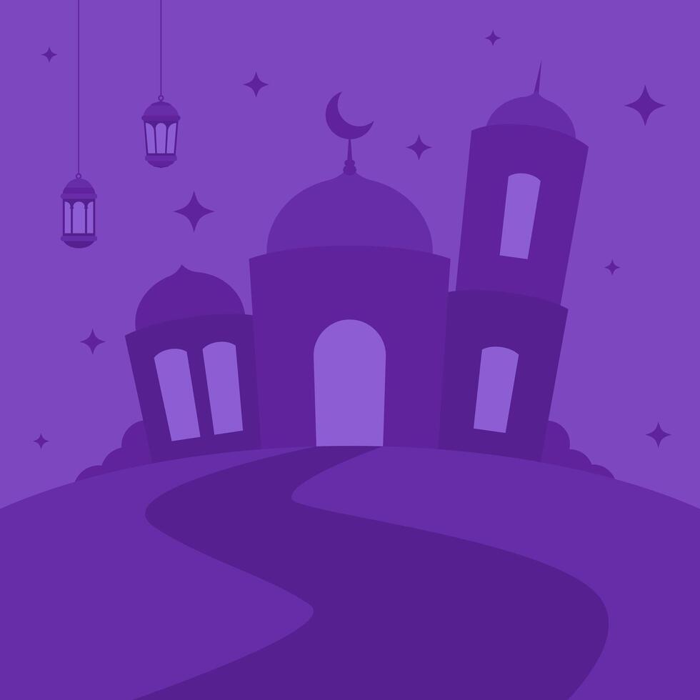 Purple monochrome mosque flat illustration with Islamic hanging lantern vector