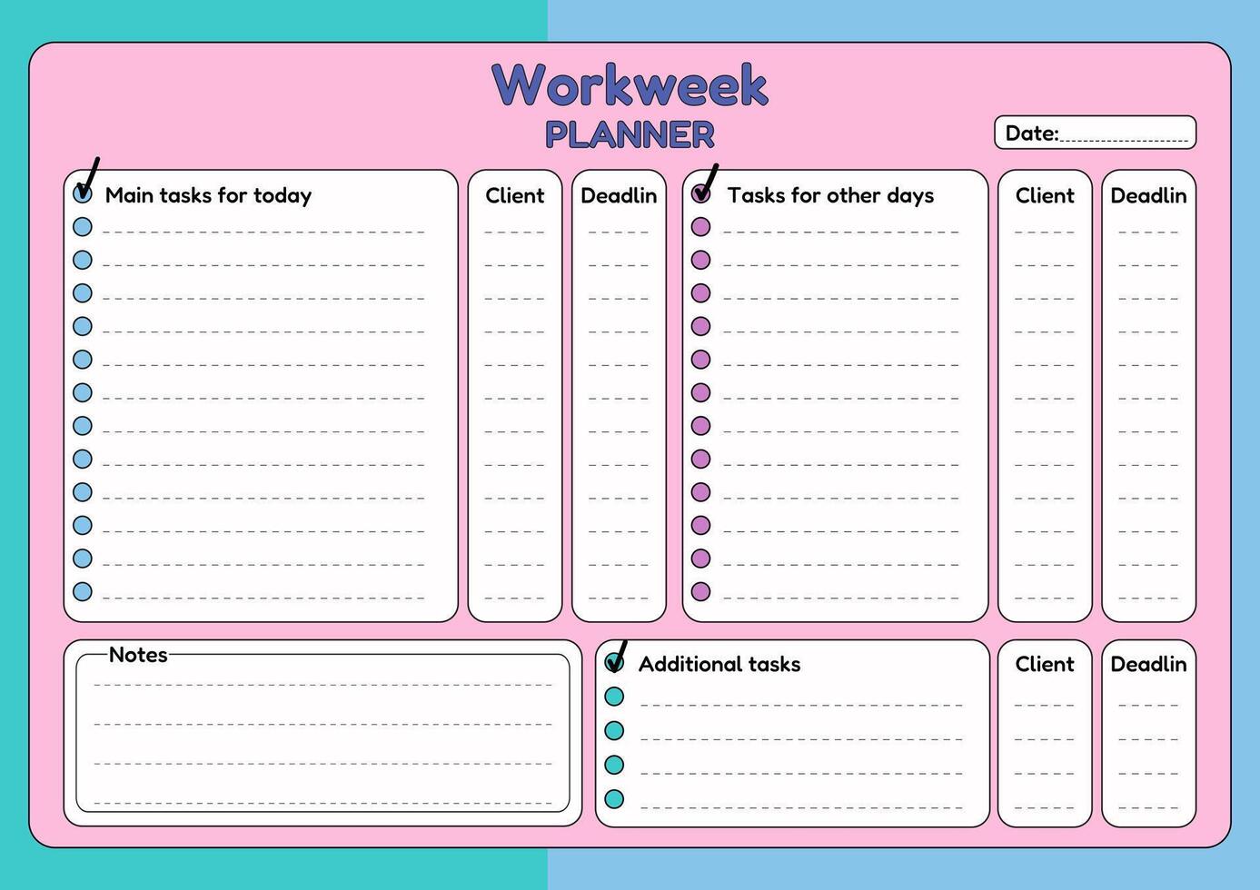Printable workweek planner with task lists, client deadlines, and notes section in a pastel color scheme for organization. vector