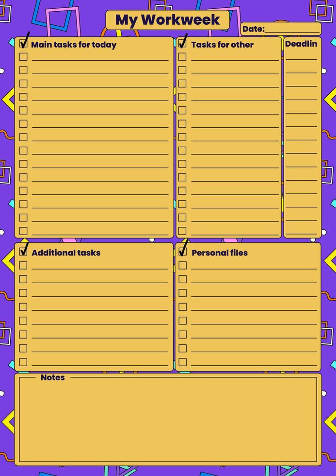 A vibrant weekly planner featuring task checklists, deadlines, and notes section, ideal for organizing work schedules. vector